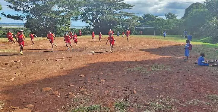 Students of Teidamu Primary School outside Lautoka playing football on their school ground. Photo: Fiji FA Media