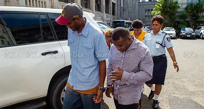 Accused from left: Senitiki Colati and Serupepeli Masiyara at the Suva Magistrate’s Court on January 3, 2024. Photo: Leon Lord