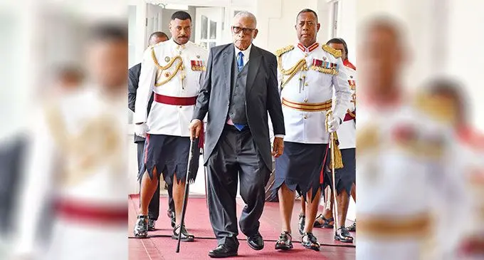 Ratu Naiqama Lalabalavu escorted by RFMF Commander Major-General Ro Jone Kalouniwai during his Presidential inauguration at the State House on November 12, 2024.  Photo: Ronald Kumar