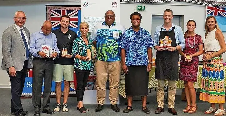 President of Fiji, Ratu Wiliame Katonivere with Fijian businesses at the 2023 Rugby World Cup.