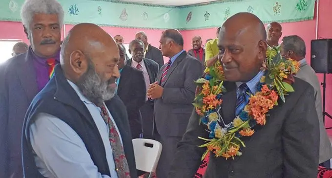 Turaga na Yatani Vusu Ratu Siriako Ciriwai and Commissioner Western Joji Satakala during the Provincial Council yesterday. Photo:  Waisea Nasokia.