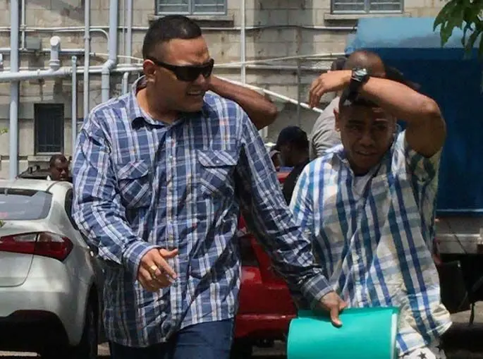 From left: Mark Ross and Toni Sokoiwasa outside the Magistrates Court in Suva on January 14, 2020. Photo: Ashna Kumar