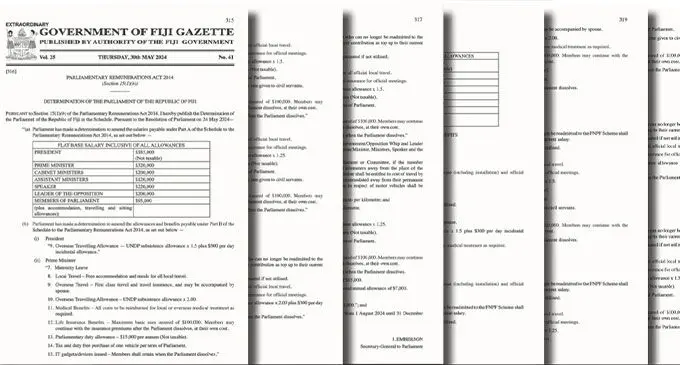 The seven-page gazette of the Determination of Parliament of the Parliamentary Remunerations Act 2014.