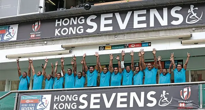 Yes, we can! Fiji Airways Fijian 7s players at the Hong Kong Stadium’s main dais on April 3, 2019 ahead of the Hong Kong Sevens starting tomorrow. From left: Sevuloni Mocenacagi, Meli Derenalagi, Alasio Naduva, Napolioni Ratu, Aminiasi Tuimaba, Asaeli Tuivoka, Apenisa Cakaubalavu, Paula Dranisinukula (captain), Livai Ikanikoda, Isoa Tabu, Vilimoni Botitu, Josua Vakurinabili, Seremaia Tuwai, Terio Tamani. Photo: Zoom Fiji/Bruce Southwick