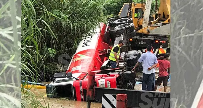 The Pacific Energy tanker that fell into a river at the Vuda back road in Lautoka on March 13,2020. Photo: Mereleki Nai