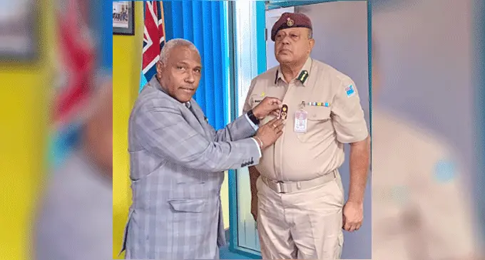 Minister for Justice Siromi Turaga with the newly-appointed Acting Fiji Corrections Services Commissioner Sevuloni Naucukidi.