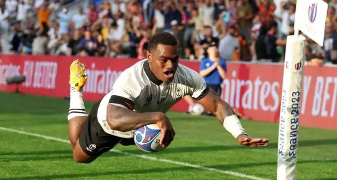 Josua Tuisova of Fiji scores his team's first try during the Rugby World Cup France 2023 match between Australia and Fiji at Stade Geoffroy-Guichard on September 17, 2023 in Saint-Etienne, France. (Photo by Catherine Ivill/Getty Images)