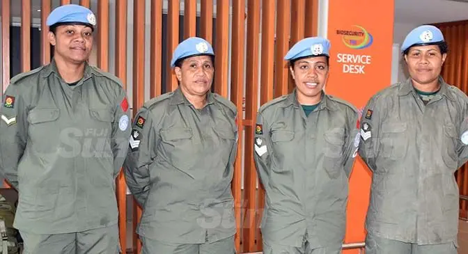 From left: Lance Corporal Frances Tabisa, Staff Sergeant Luisa Lotawa, Staff Sergeant Jimaima Taoi and Staff Sergeant Kristle Rabuku at the Nadi International Airport on April 3, 2021. Photo: Mereleki Na