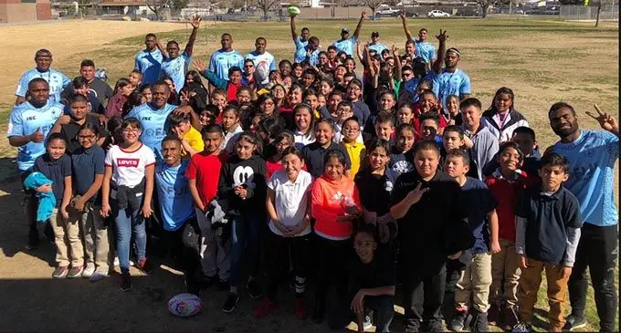 Fiji Airways Fijian 7s players with C.P Squires Elementary- Clark Country School District students in Las Vegas, Nevada on February 27, 2019.  Photo: Barry Bosacker 