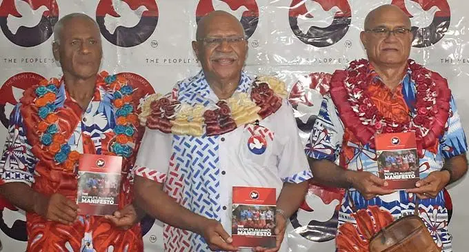 From left: The People’s Alliance member, Henry Tuidraki, party leader, Sitiveni Rabuka and party vice president, Naulu Maritino, during the launch of the manifesto at Namoli village in Lautoka on November 19,2022. Photo: Salote Qalubau