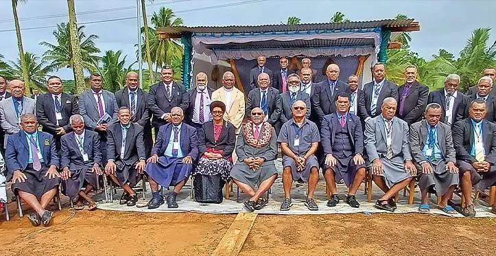 Sitting 6th from left: Na Gone Marama Bale na Roko Tui Dreketi Ro Teimumu Kepa, Prime Minister Sitiveni Rabuka with other representatives at the opening of the Rewa Provincial Council Meeting at Navuso on July 19, 2023. Photo: ITaukei Affairs