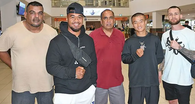 From left: South Pacific Boxing Promotions promoter Fred Chand, ‘King’ Tonga Tongotongo, SPBP director Mohammed Shameem, Runqi Zhou and Lachlan O’Shea at Nadi International Airport on October 24, 2024. Photo: Waisea Nasokia