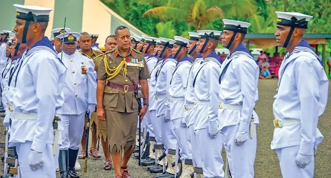 Republic of Fiji Military Forces Commander Major-General Ro Jone Kalouniwai inspecting the 116 RFMF Naval Division recruits at the Force Training Group in Nakasi on November 18, 2022. Photo: RFMF Media Cell