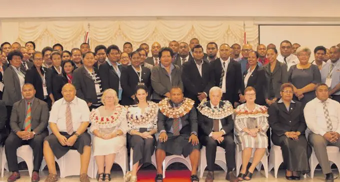Minister for Foreign Affairs Inia Seruiratu (sitting seventh from left), Deputy High Commissioner of New Zealand to Fiji, Halia Haddad (sitting sixth from left) and participants at the special training for protocol and high level visits planning at the Central Cuisine conference room in Suva, on January 29, 2019.