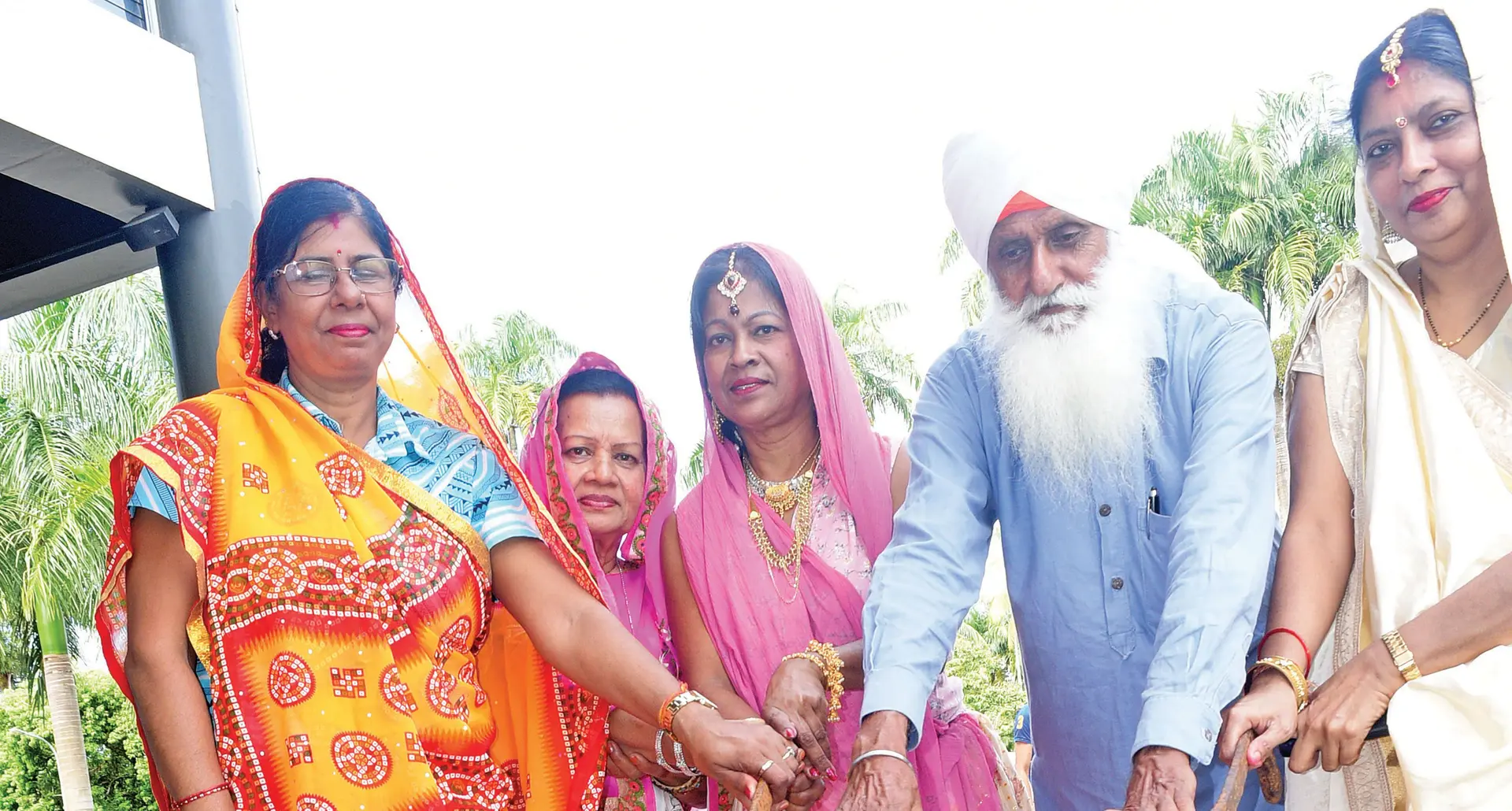From left- Sarojini Devi, Kusma Devi, Shobna Prasad, Sohan Singh Chaha and Kamal Lal during the commemoration and celebration of the Girmit Day at Albert Park in Suva on May 12, 2023. Photo: Ronald Kumar