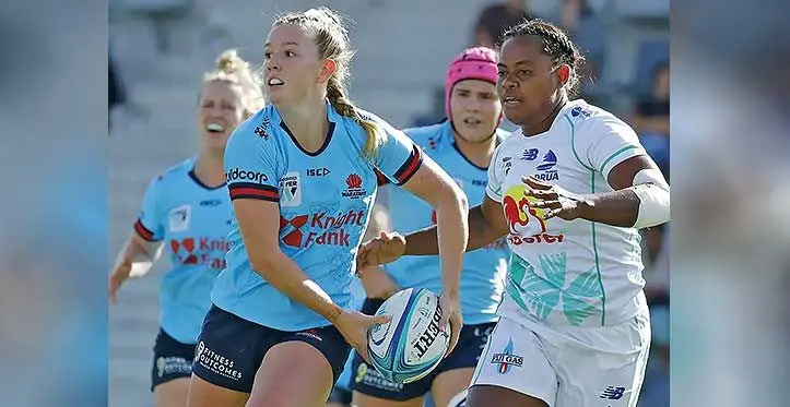 Rooster Chicken Fijiana Drua centre Vani Arei attempts to tackle a Waratahs player during their Super W semifinal match on April 30, 2023. Photo: Waratahs Media