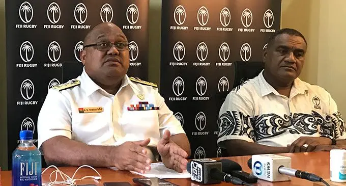 Fiji Rugby Union chairman Commodore Humphrey Tawake (left) and acting chief executive officer Sale Sorovaki at the Fiji Rugby House on August 16, 2022. Photo: Kelera Sovasiga-Tuisawau