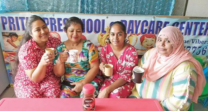 From left: Priti Lata, Brij Lata, Nileshma Devi and Roseleen Hussain starting their morning by having a cup of coffee.