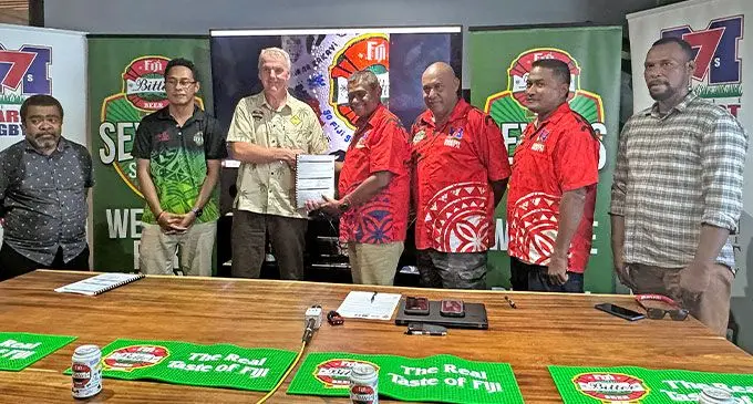 Members of the Marist Rugby club during the Fiji Bitter Marist 7s sponsorship signing with Paradise Beverages on February 12, 2025. From left: Manueli Taletawa, Paradise Beverages sponsorship and event specialist Alfaio Tekave, general manager Mike Spencer, tournament chairman Lawrence Tikaram, Manoa Naulu, Jona Waqabilo and Filimoni Raitukutuku. Photo: Sereana Salalo