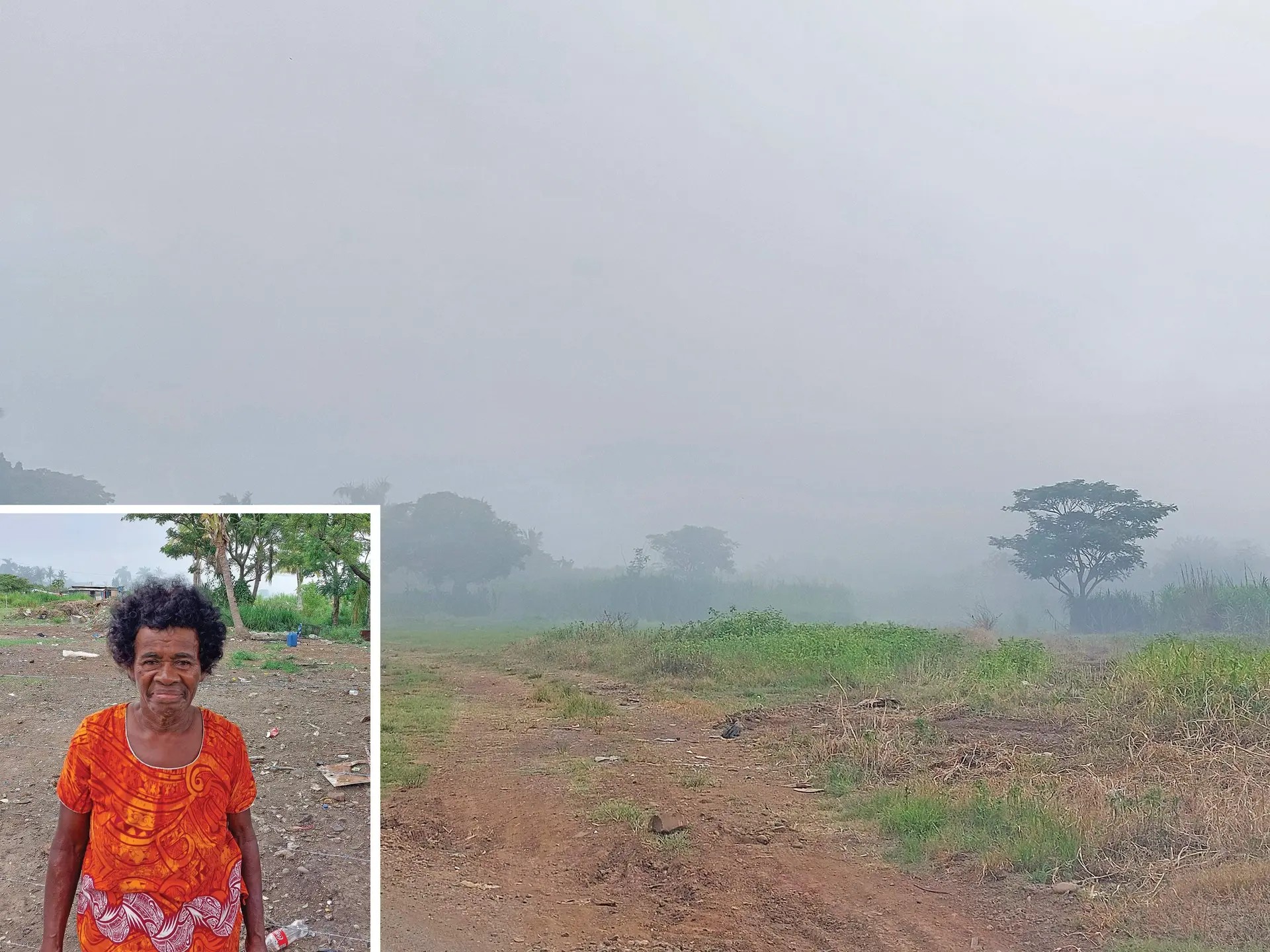 The smoke at the Vunato Dump Site in Lautoka on December 23, 2022. (Inset: Asinate Lewabeka stands in front of her home at Vunato Settlement in Lautoka). Photos: Nicolette Chambers
