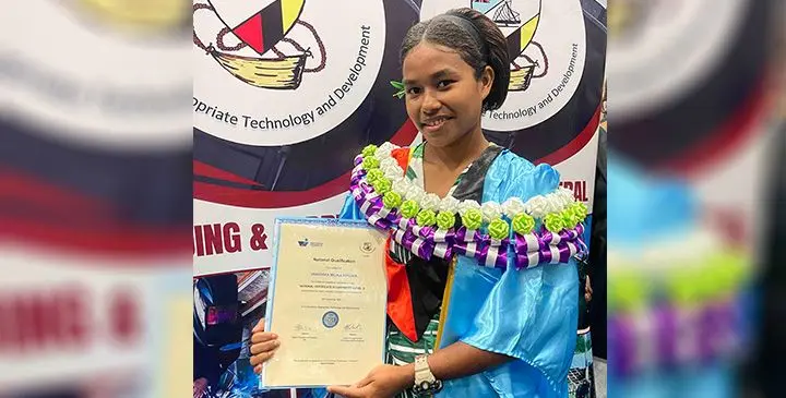 Veronika Milika Tokona, holding her Certificate in Carpentry in Nasinu on September 26, 2025. 