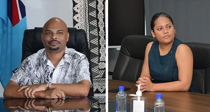 Outgoing Permanent Secretary for Women, Children and Poverty Alleviation Ashwin Raj (left) and Former acting Permanent Secretary for Communications Tupou’tuah Baravilala.