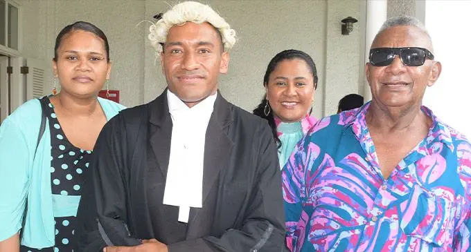 From left- Mere Laqekoro with husband Taniela Laqekoro , (sister) Margie Meo and (father) Asaeli Laqekoro following his Admission to the Bar on May 4, 2023. Photo: Ronald Kumar