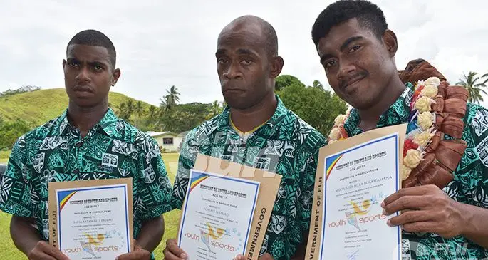 From left: Iliesa Tailau, Tomasi Hatuku and Meciusela Bolaitamana with their Certificate IV Agriculture during their graduation at the Nasau Youth Training Centre in Nadroga. Photo: Waisea Nasokia
