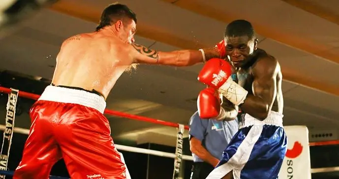Fiji-based Joseph Kwadjo (right) on his way to stopping Jamie Pittman. He fights for the Fijian light heayweight title against Savenaca Naliva in Nadi on October 26. 