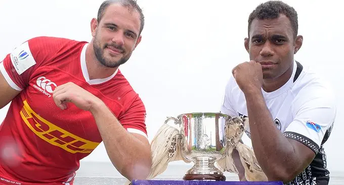 From left: Canada captain Tyler Ardron and his Fiji Airways Flying Fijians counterpart Leone Nakarawa during the captain’s photo shoot at the ANZ Stadium, Suva on August 1, 2019. Photo: Ronald Kumar