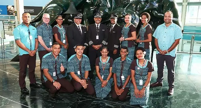 Captain and the cabin crew of FLIGHT FJ880 upon arrival in Vancouver, Canada duirng the inaugral flight securing a new market for tourism . Photo: Fiji Airways
