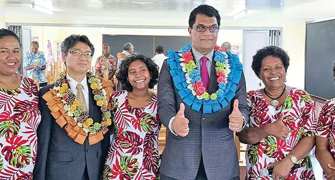 Minister for Education Aseri Radrodro (fourth from left), alongside the Japanese Ambassador to Fiji Rokuichiro Michii (second from left) with teachers at Navuakece District School in Naitasiri on December 12, 2024.