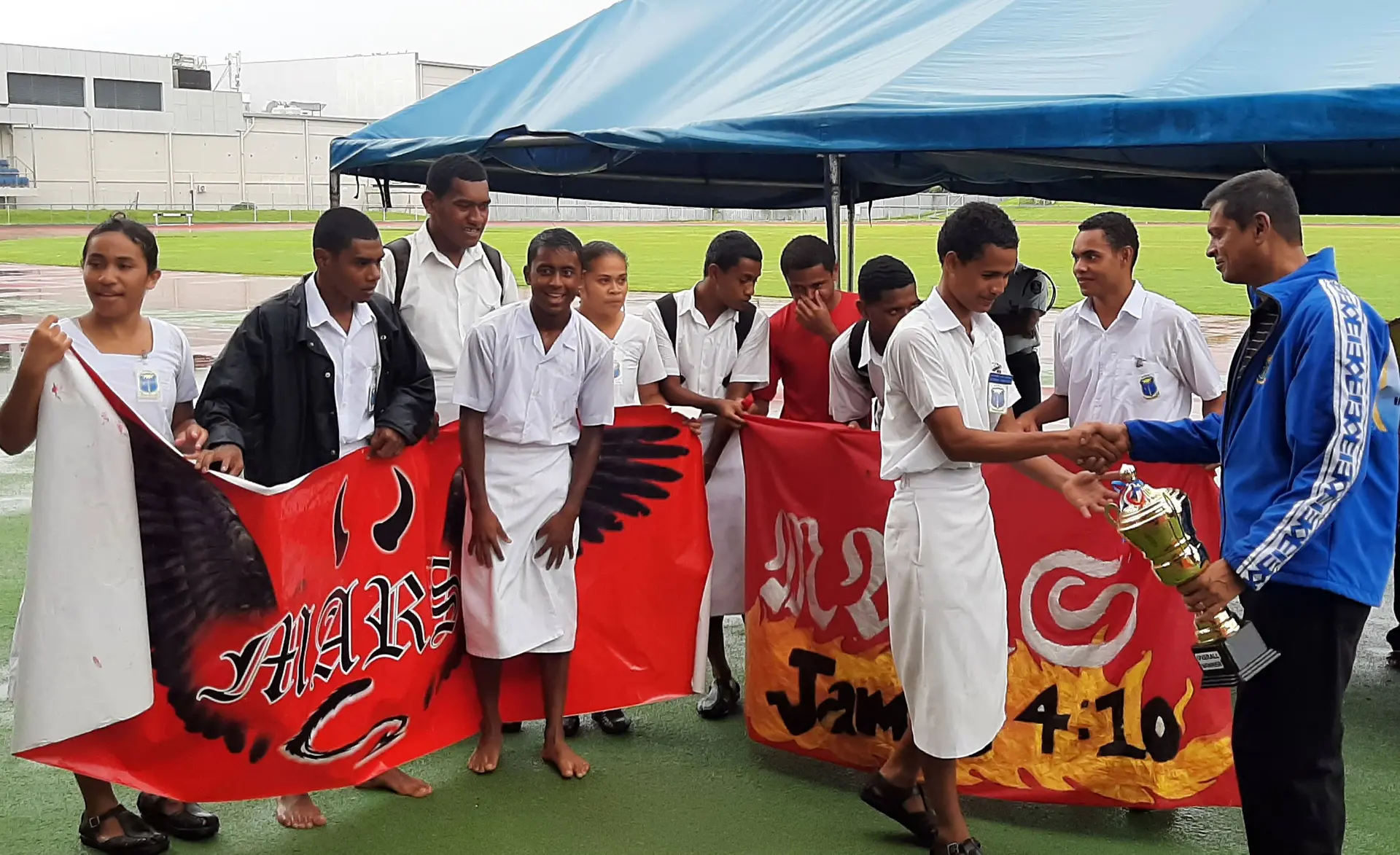 Members of the Mars house collect their award as overall winner for the Natabua High School interhouse competition on February 12,2021.Photo.Salote Qalubau