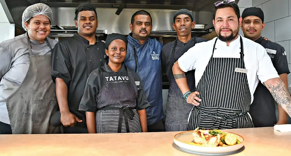 Tatavu Bar & Grill restaurant staff (from left): Vaseva Yalayala, Anare Sovu, Nilshita Raj, executive chef Rakesh Kumar, Uate Biu, chef de cuisine Dante Nunez and Aaron Kumar.  Photo: Waisea Nasokia 