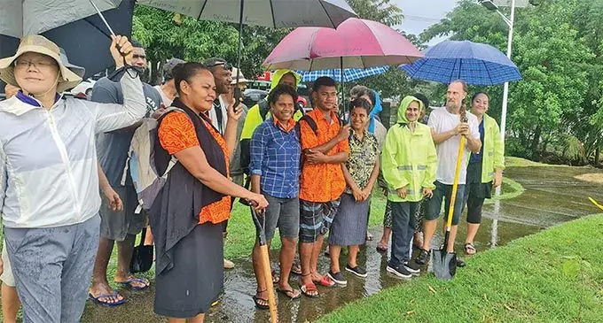 People gathered after planting fruit trees at the Savusavu Town foreshore on July 7, 2022.