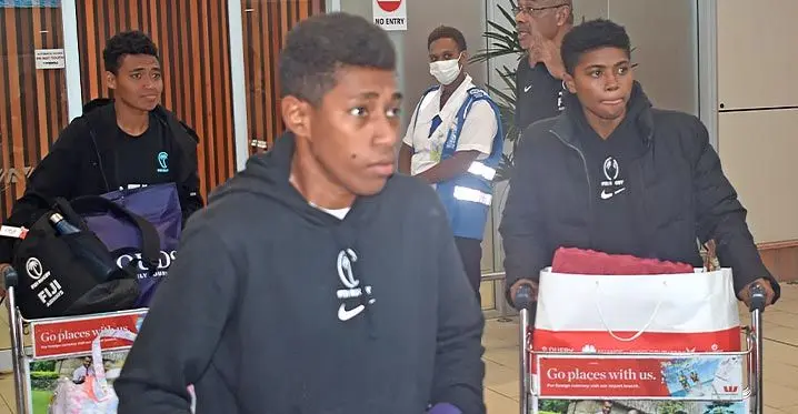 Fiji Airways Fijiana 7s team (from left) Viniana Riwai, Reapi Ulunisau and Maria Rokotuisiga at the Nadi International Airport on March 8, 2023. Photo: Waisea Nasokia