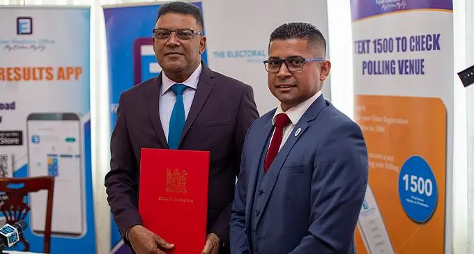 Chairperson of the Electoral Commission Mukesh Nand (left) alongside Supervisor of Elections Mohammed Saneem during the issuing of the Writ for the General Election at the State House, in Suva on October 31, 2022. Photo: Leon Lord