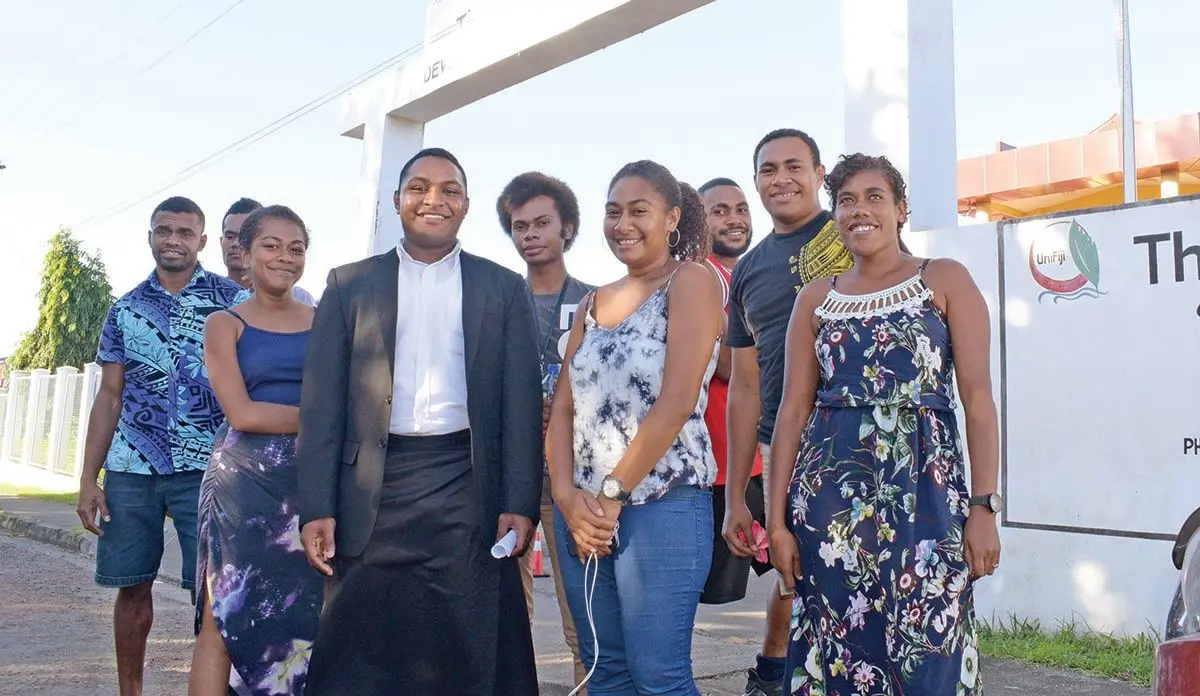 Fourth from left, University of Fiji Justice Devendra Pathik School of Law Students Association President Filipe Bainivalu with students of the University at their Samabula, Suva campus. Photo: Ronald Kumar