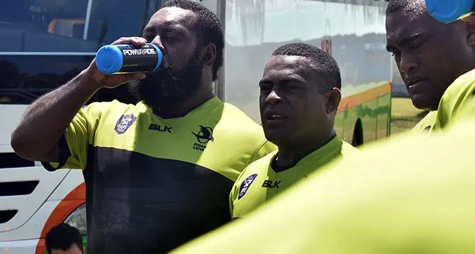 From left; Fijian Latui tighthead prop Manasa Saulo and Ratunaisa Navuma during training at Fiji Airport ground in Namaka, Nadi on  February 26, 2020. Photo: Waisea Nasokia 
