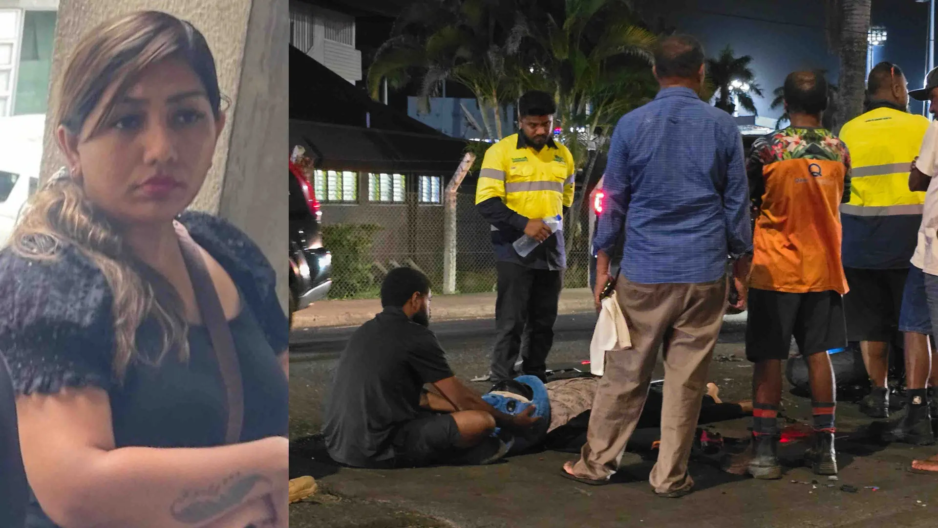 Durga Devika Lal outside the Suva Magistrate Court on January 13, 2026. (Inset: The scene of the accident in December 2025.)