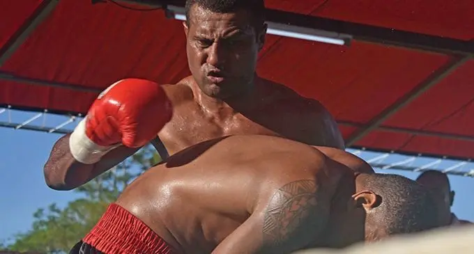 Unbeaten cruiserweight boxer Nepote Dawadawa pounds Filimoni Naliva (Junior) to the ropes at Prince Charles Park, Nadi, on March 20, 2021. Photo: Waisea Nasokia