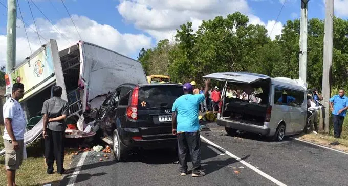The fatal crash scene at Nabou, midway between Nadi and Sigatoka, along the Queens Road on August 4, 2018. Six people including a 16-year-old  student of Ratu Navula College, died on impact, Police confirmed.  Photo: Waisea Nasokia