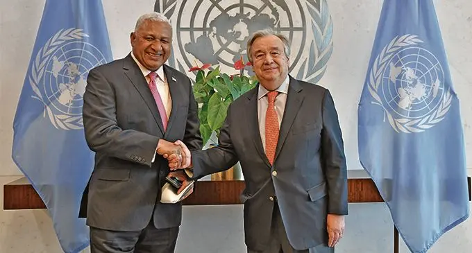 Prime Minister Voreqe Bainimarama United Nations Secretary- General Antonio Guterres. Photo: DEPTFO News