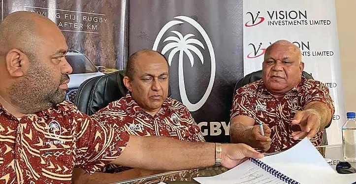 From left: Fiji Rugby administrator Simione Valenitabua, Vision Motors general manager and dealer principal Ajay Lal and Vision Motors manager of strategic busi- ness development Sai Tokalau during the signing of the agreement in Suva on July 20, 2023. Photo: Ioane Aisoli