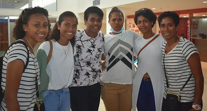 Singapore-based Fijian International netball reps (from left) Unaisi Rauluni, Aliti Toribau, Ema Mualuvu, Verenaisi Sawana, Maliana Rosivakula and Alisi Waqa-Paul at the Nadi International Airport on March 24, 2020.   Photo: Wiasea Nasokia