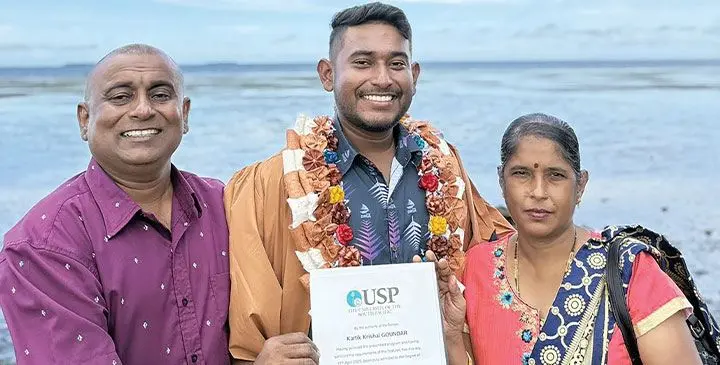 Kartik Krishal with his parents Myhendra and Mohini Goundar after his graduation at the Vodafone Arena, Suva on April 11, 2025. Photo: Maikeli Seru