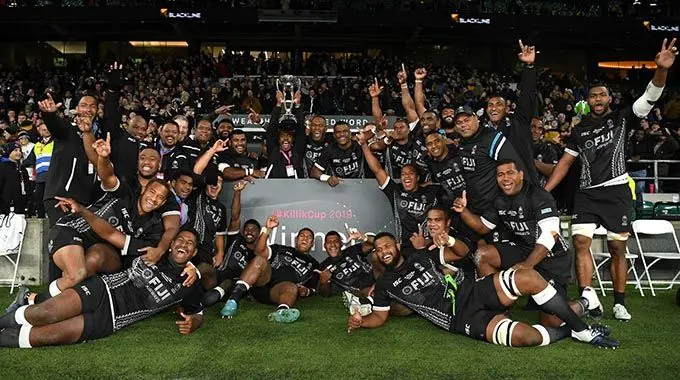Fiji Airways Flying Fijians celebrate with captain Frank Lomani hoisting the Killik Cup at Twickenham Stadium, London on November 16, 2019. Photo: Barbarians