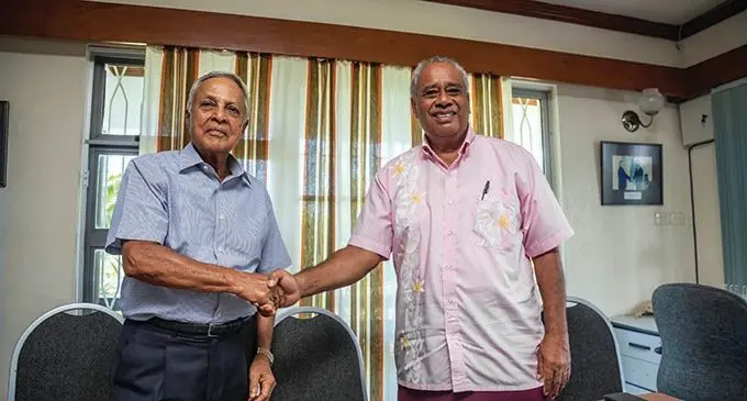 Fiji Labour Party leader Mahendra  Chaudhry (left) with Unity Party leader Savenaca Narube during their joint press conference in Suva on Febuary 17 , 2022. Photo- Leon Lord
