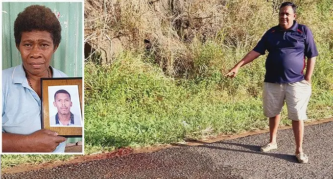 Sushil Chand points at the site of the alleged hit and run accident which claimed the life of Jovilisi Katonibau at Naduna, Labasa on July 4, 2024. Photo: Sampras Anand/ Inset: Salome Dikere showing her son’s photo, Jovilisi Katonibau at Naduna, Labasa, on July 8, 2024. Photo: Shratika Naidu