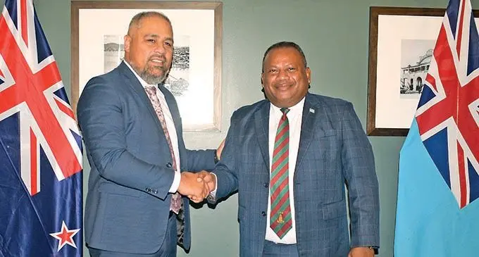 New Zealand Minister for Defence Peeni Henare (left) with his Fijian counterpart Inia Seruiratu at GPH in Suva on March 22, 2022. Photo: Ronald Kumar.